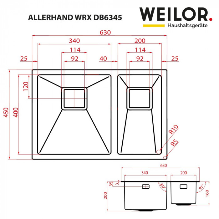 Мийка кухонна з нержавіючої сталі  WEILOR ALLERHAND WRX DB6345