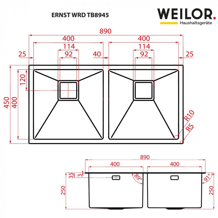 Мийка кухонна з нержавіючої сталі  WEILOR ERNST WRD TB8945