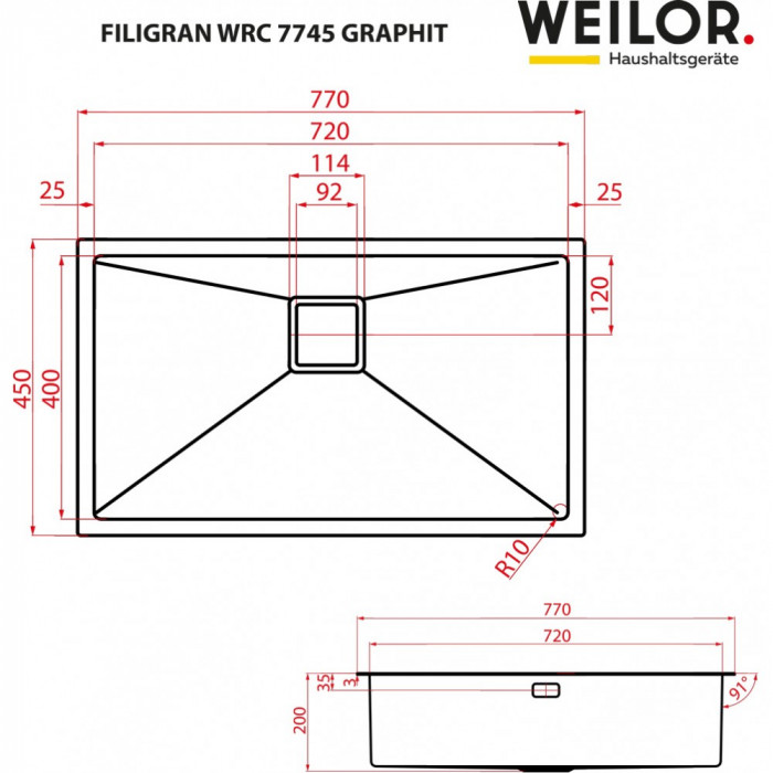 Мийка кухонна з нержавіючої сталі WEILOR FILIGRAN WRC 7745 GRAPHIT