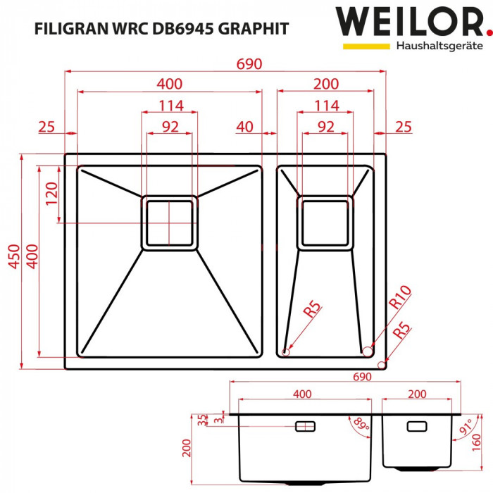 Мийка кухонна з нержавіючої сталі WEILOR FILIGRAN WRC DB6945 GRAPHIT
