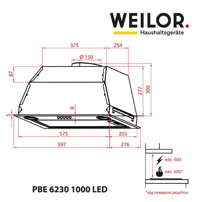 Витяжка повновбудована WEILOR PBE 6230 SS 1000 LED