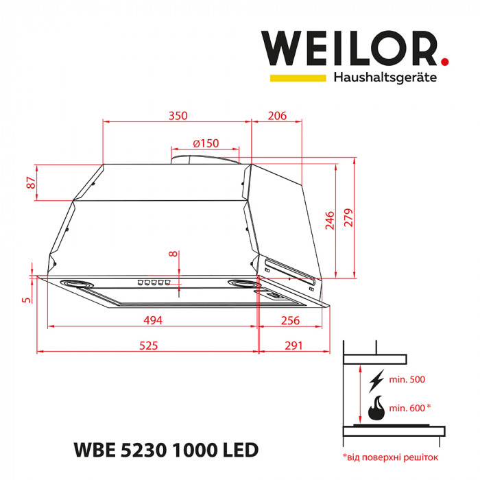 Витяжка повновбудована Weilor WBE 5230 SS 1000 LED