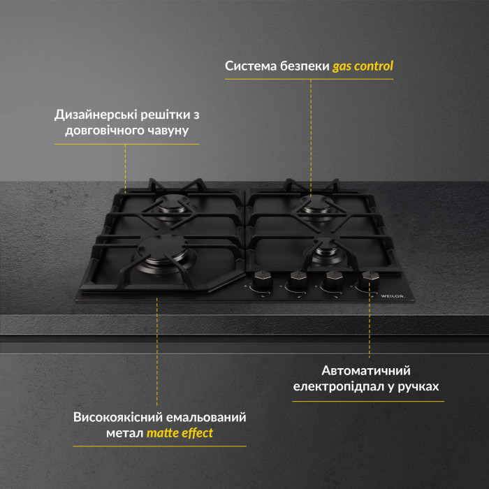 Варильна поверхня газова на металі WEILOR GM 604 BL