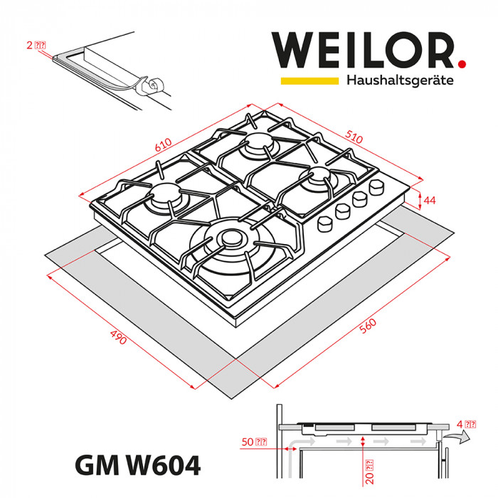 Варильна поверхня газова на металі WEILOR GM W 604 BL