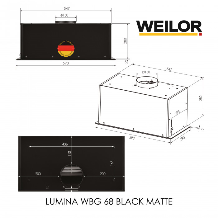 Витяжка повновбудована WEILOR LUMINA WBG 68 BLACK MATTE