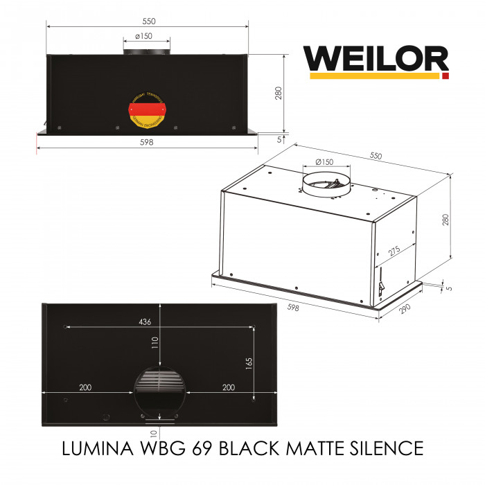 Витяжка повновбудована WEILOR LUMINA WBG 69 BLACK MATTE SILENCE