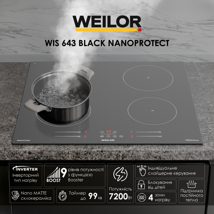 Поверхня індукційна WEILOR WIS 643 BLACK NanoProtect